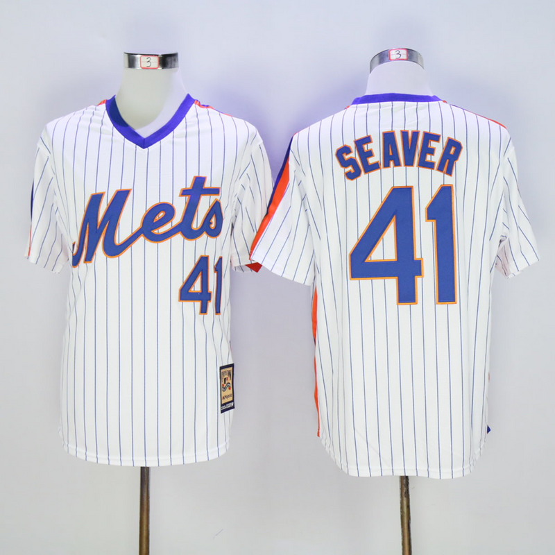 Men New York Mets #41 Seaver White Stripe Throwback Game MLB Jerseys